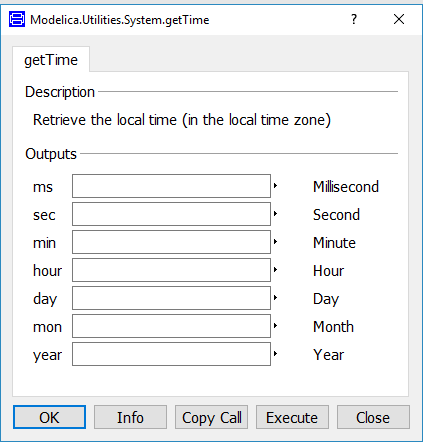 Dialog box of the Modelica.Utilities.System.getTime function in Dymola