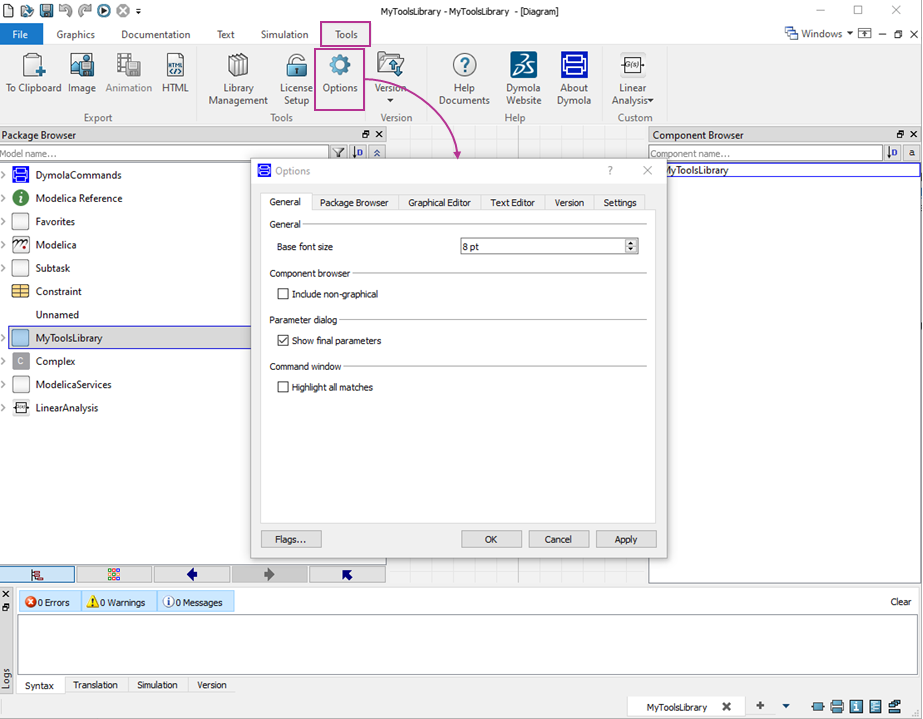 Options Dialog in Dymola 2020x