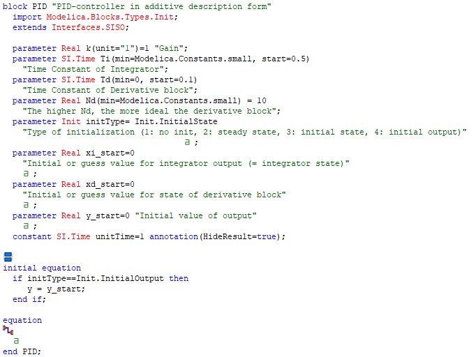 Figure 1: This example of deploying the HideResult annotation is found in the Modelica.Blocks.Continuous.PID model of the Modelica Standard library.